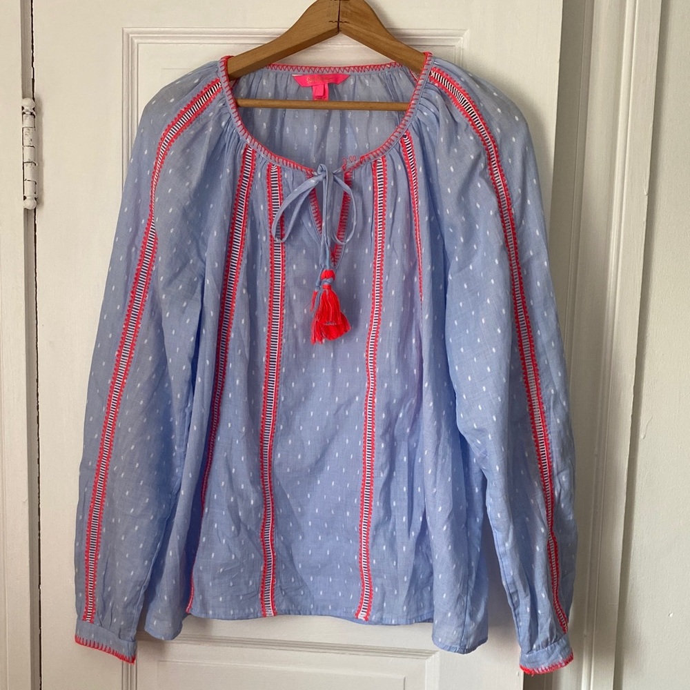 Lillly Pulitzer Blue and Pink peasant Blouse size large boho